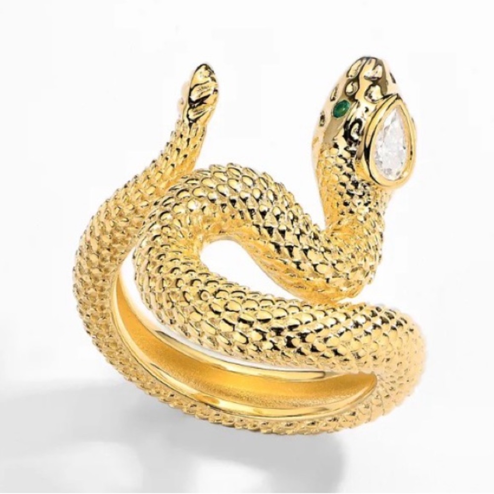 Snake Moissanite Ring w/ Emerald Eyes | 18K Gold-Plated - Picture 7 of 12